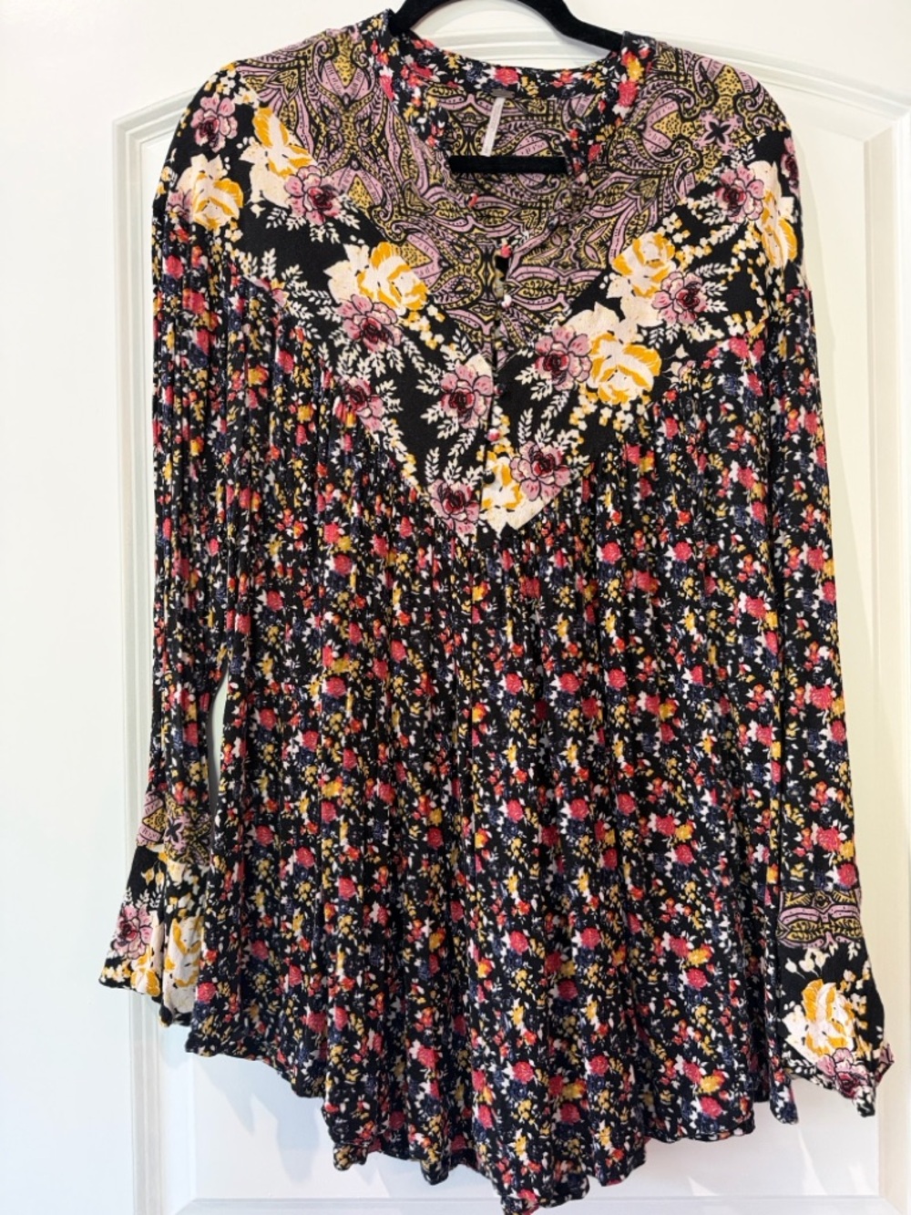 Free People- Boho Floral Long-Sleeve Tunic Top - (L)